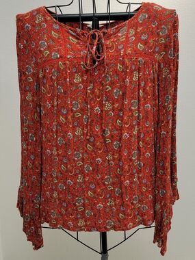 Boho Lace-Up Paisley Peasant Top - Red